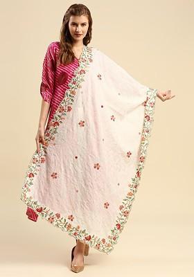 Off White And Red Embroidered Pure Cotton Dupatta With Thread Work