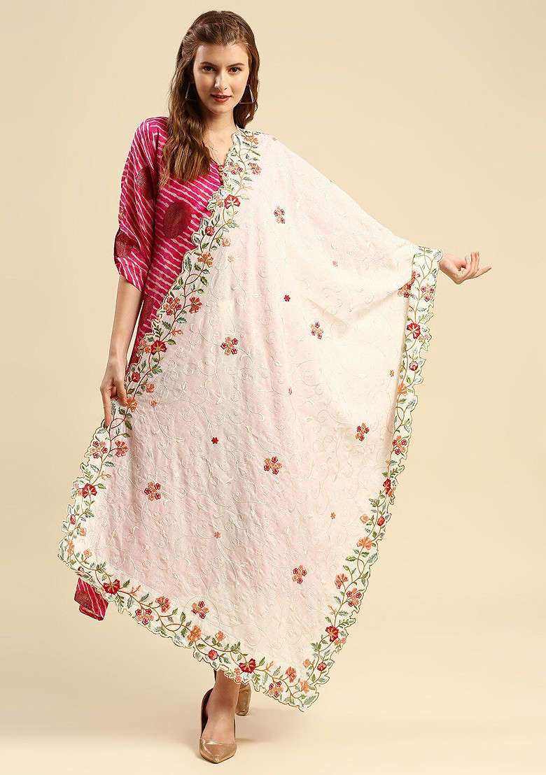 Off White And Red Embroidered Pure Cotton Dupatta With Thread Work - Indya