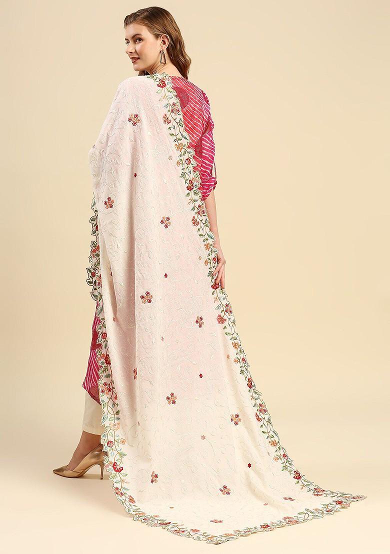 Off White And Red Embroidered Pure Cotton Dupatta With Thread Work