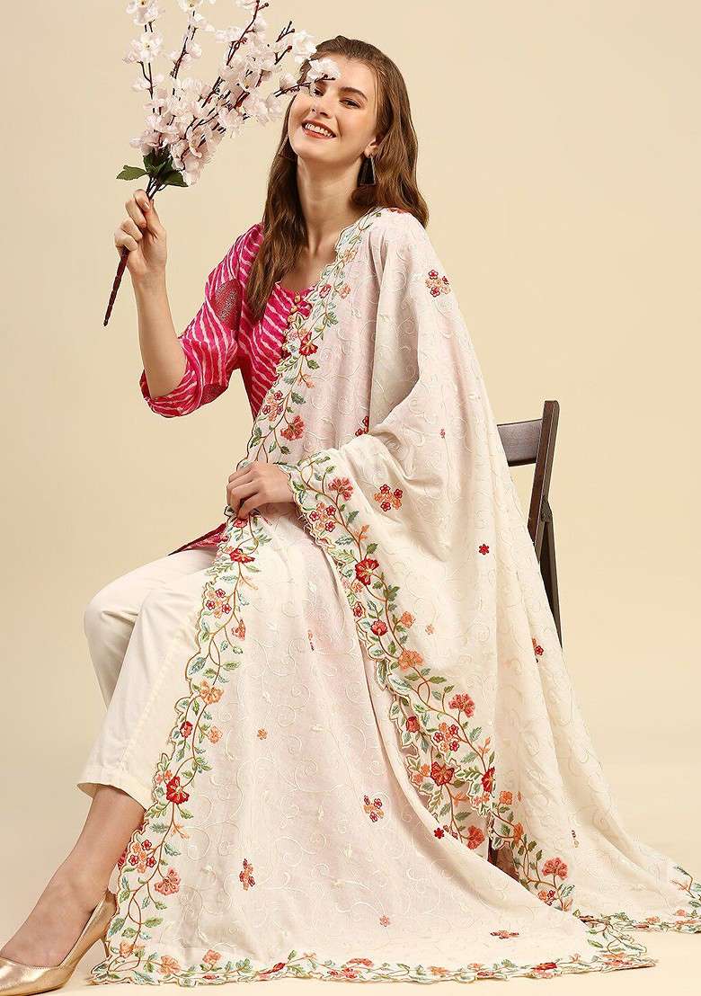 Off White And Red Embroidered Pure Cotton Dupatta With Thread Work - Indya