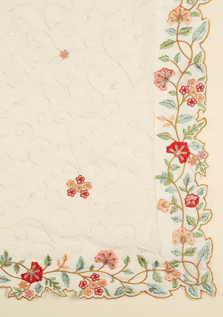 Off White And Red Embroidered Pure Cotton Dupatta With Thread Work