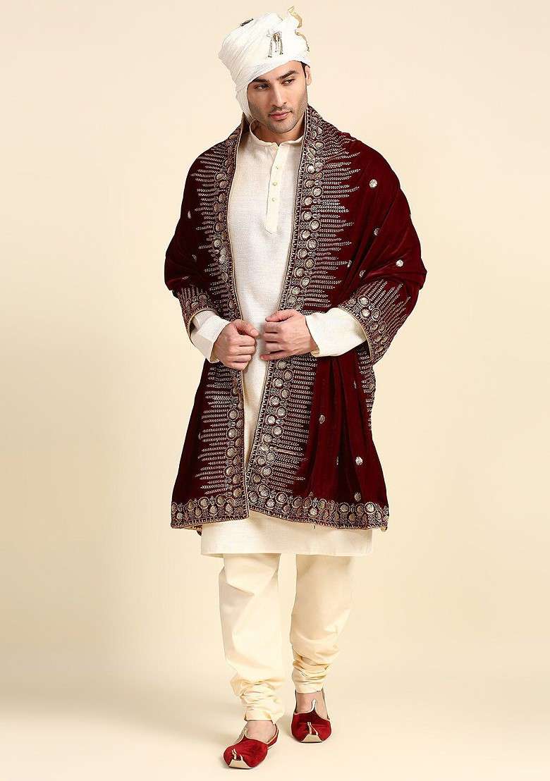 Men Maroon And Gold Toned Ethnic Motifs Embroidered Velvet Dupatta With Sequinned - Indya