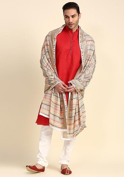 Men Grey And Pink Embroidered Dupatta