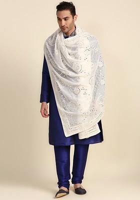 Men Cream Coloured Ethnic Motifs Embroidered Dupatta With Mirror Work