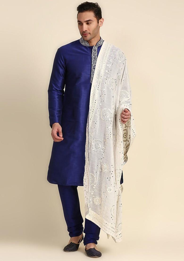 Men Cream Coloured Ethnic Motifs Embroidered Dupatta With Mirror Work