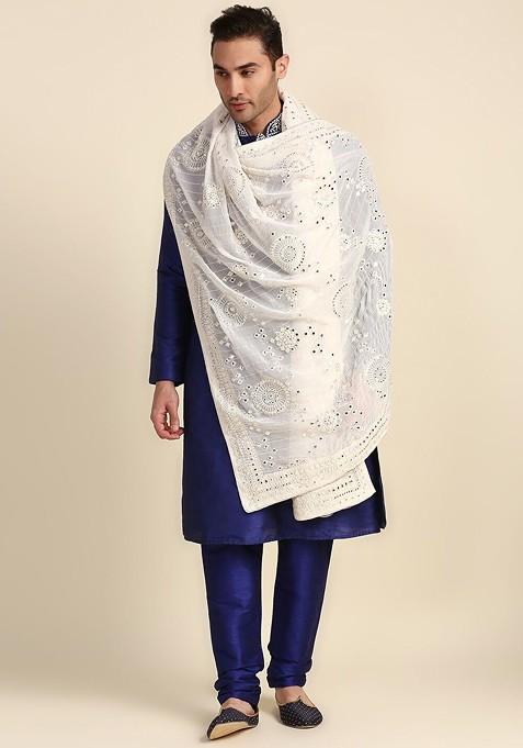 Men Cream Coloured Ethnic Motifs Embroidered Dupatta With Mirror Work