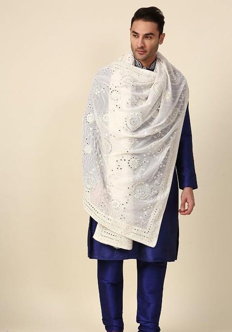 Men Cream Coloured Ethnic Motifs Embroidered Dupatta With Mirror Work