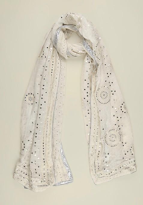 Men Cream Coloured Ethnic Motifs Embroidered Dupatta With Mirror Work