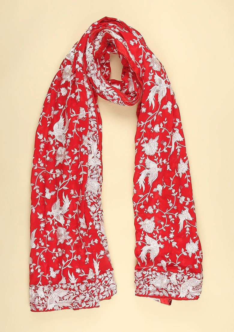 Men Red And Silver Toned Embroidered Dupatta - Indya