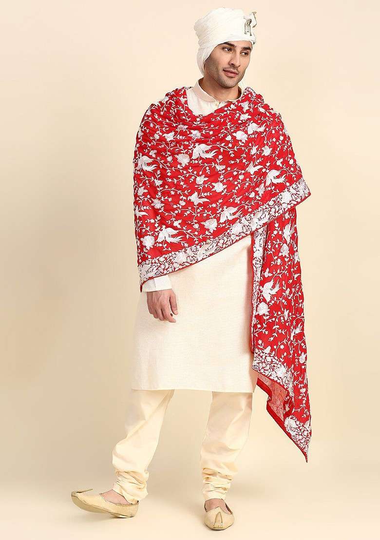 Men Red And Silver Toned Embroidered Dupatta - Indya