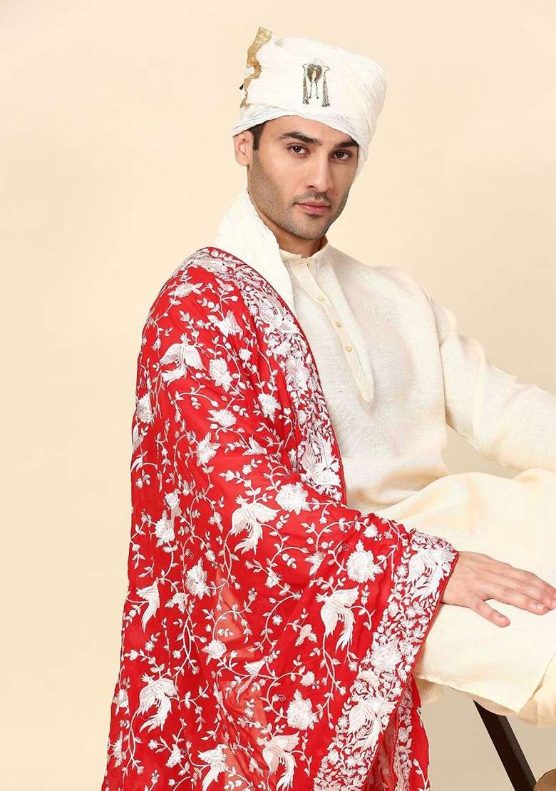 Men Red And Silver Toned Embroidered Dupatta - Indya
