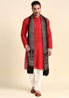 Men Black And Blue Ethnic Motifs Block Printed Pure Silk Dupatta