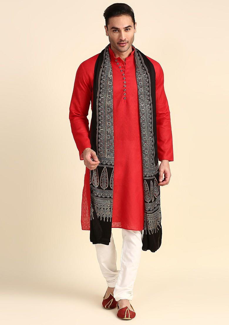 Men Black And Blue Ethnic Motifs Block Printed Pure Silk Dupatta