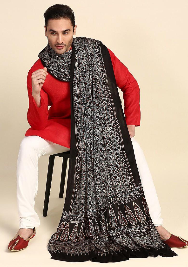 Men Black And Blue Ethnic Motifs Block Printed Pure Silk Dupatta