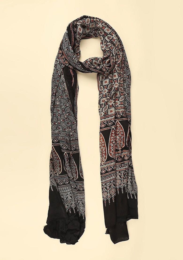 Men Black And Blue Ethnic Motifs Block Printed Pure Silk Dupatta