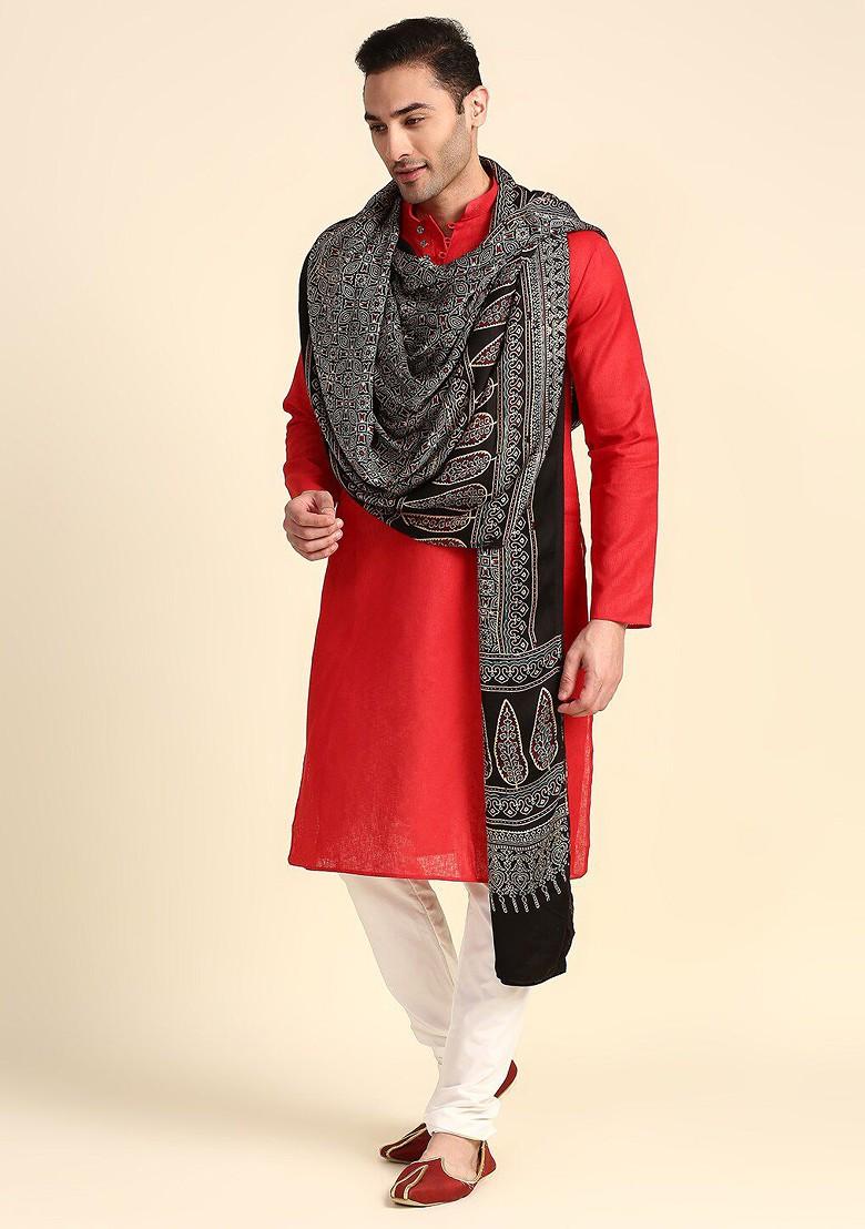 Men Black And Blue Ethnic Motifs Block Printed Pure Silk Dupatta