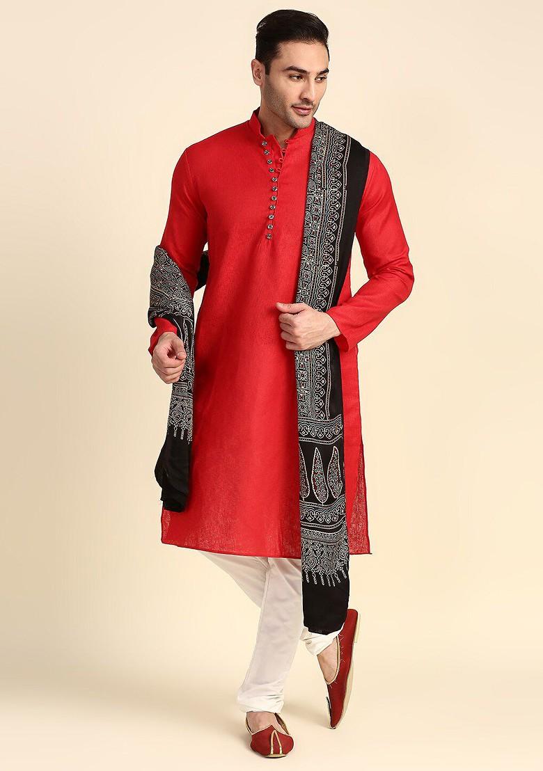 Men Black And Blue Ethnic Motifs Block Printed Pure Silk Dupatta