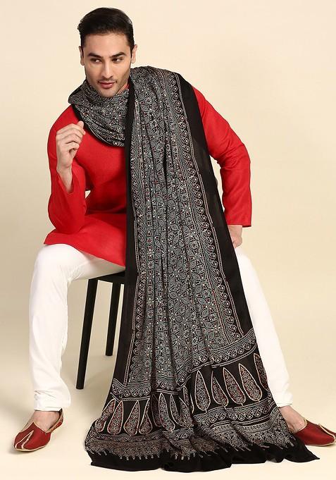 Men Black And Blue Ethnic Motifs Block Printed Pure Silk Dupatta