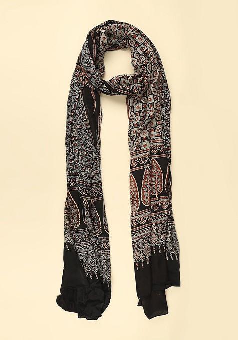 Men Black And Blue Ethnic Motifs Block Printed Pure Silk Dupatta
