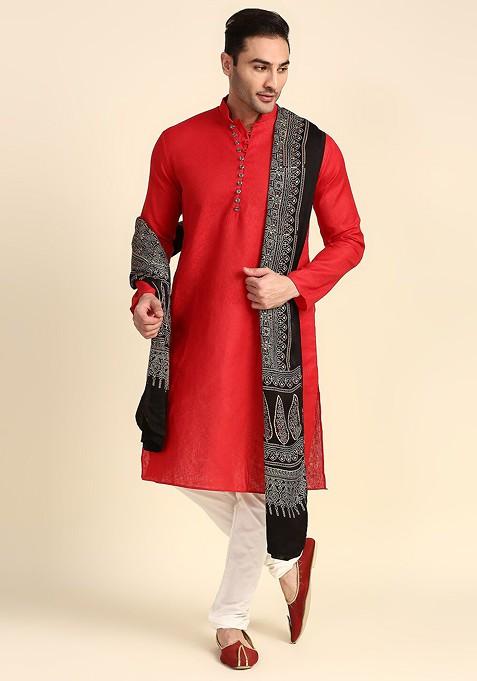 Men Black And Blue Ethnic Motifs Block Printed Pure Silk Dupatta