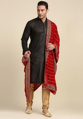 Men Red And Green Ethnic Motifs Embroidered Sequinned Velvet Dupatta