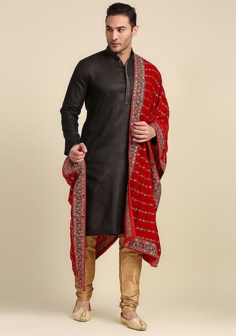 Men Red And Green Ethnic Motifs Embroidered Sequinned Velvet Dupatta