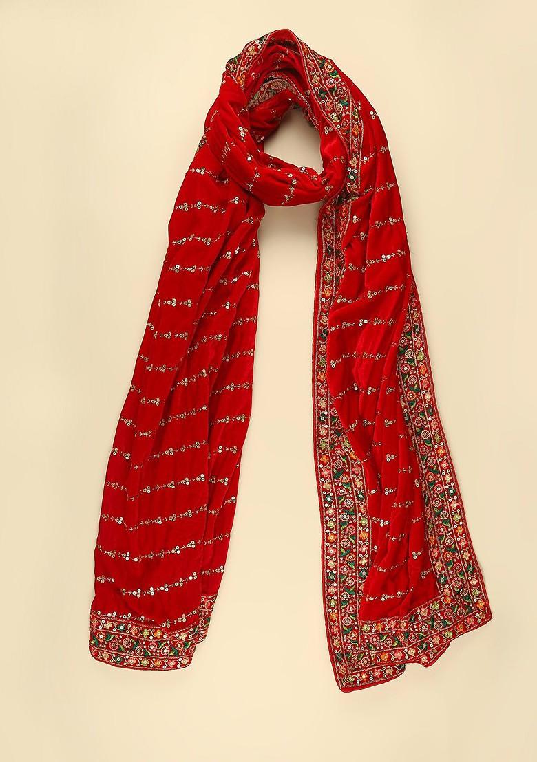 Men Red And Green Ethnic Motifs Embroidered Sequinned Velvet Dupatta