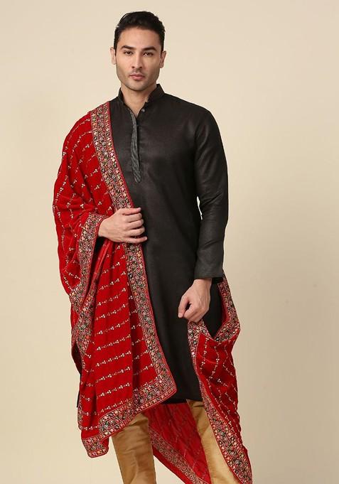 Men Red And Green Ethnic Motifs Embroidered Sequinned Velvet Dupatta