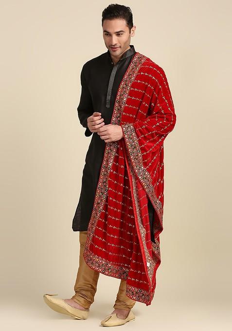 Men Red And Green Ethnic Motifs Embroidered Sequinned Velvet Dupatta
