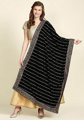 Black And Gold Toned Ethnic Motifs Embroidered Velvet Dupatta With Sequinned
