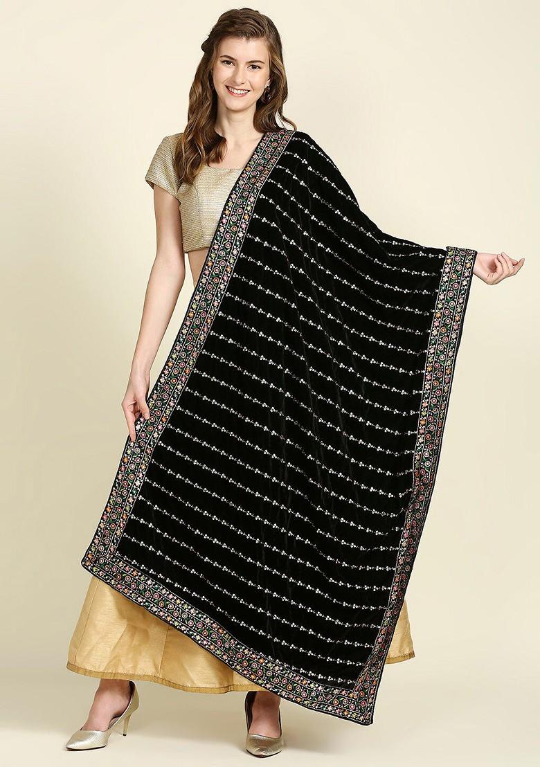 Black And Gold Toned Ethnic Motifs Embroidered Velvet Dupatta With Sequinned