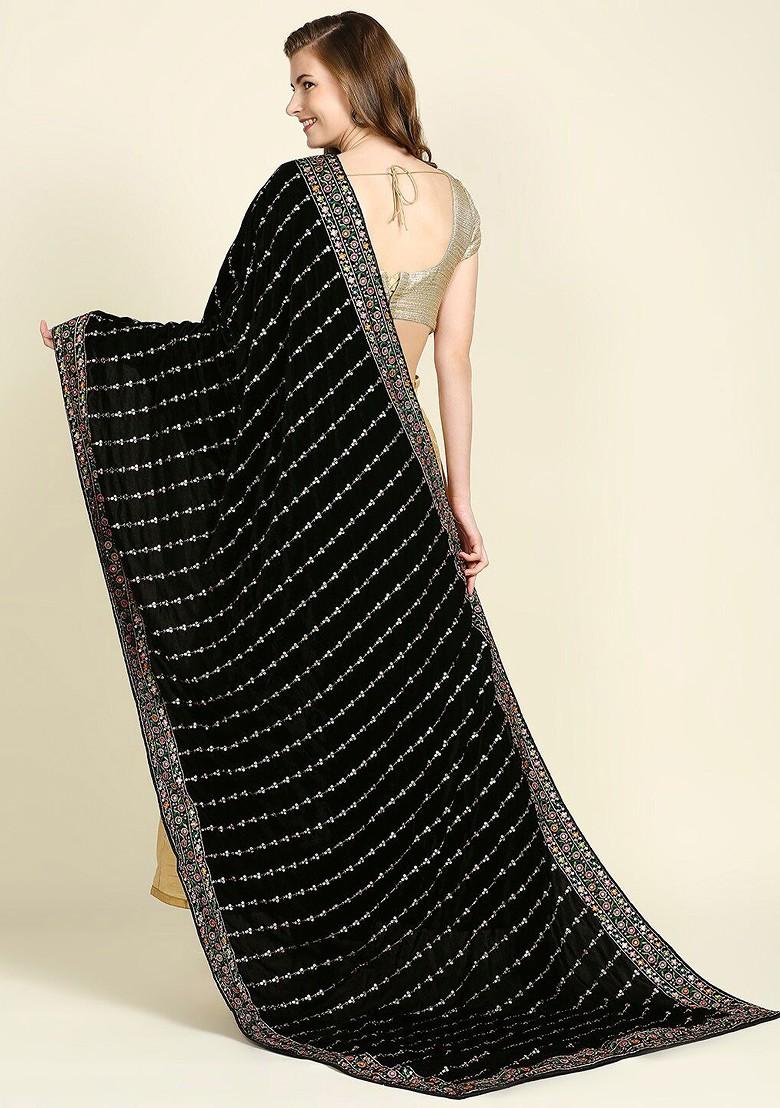 Black And Gold Toned Ethnic Motifs Embroidered Velvet Dupatta With Sequinned