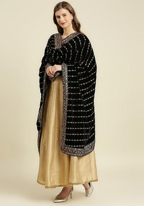 Black And Gold Toned Ethnic Motifs Embroidered Velvet Dupatta With Sequinned