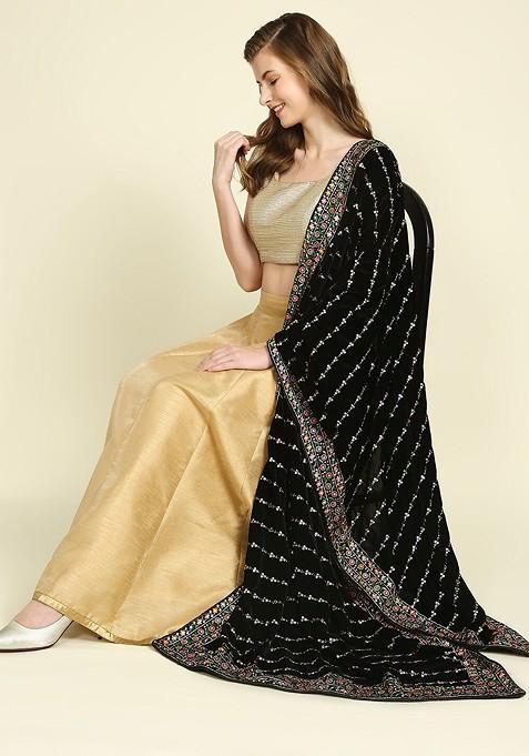 Black And Gold Toned Ethnic Motifs Embroidered Velvet Dupatta With Sequinned