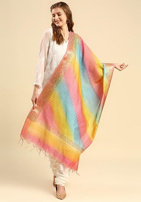 Pink And Yellow Woven Design Dupatta