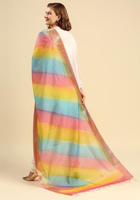 Pink And Yellow Woven Design Dupatta