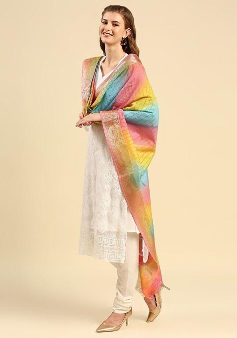 Pink And Yellow Woven Design Dupatta