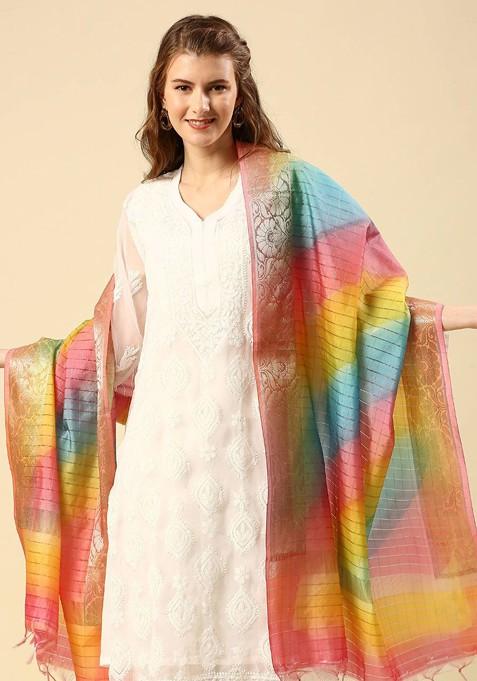 Pink And Yellow Woven Design Dupatta
