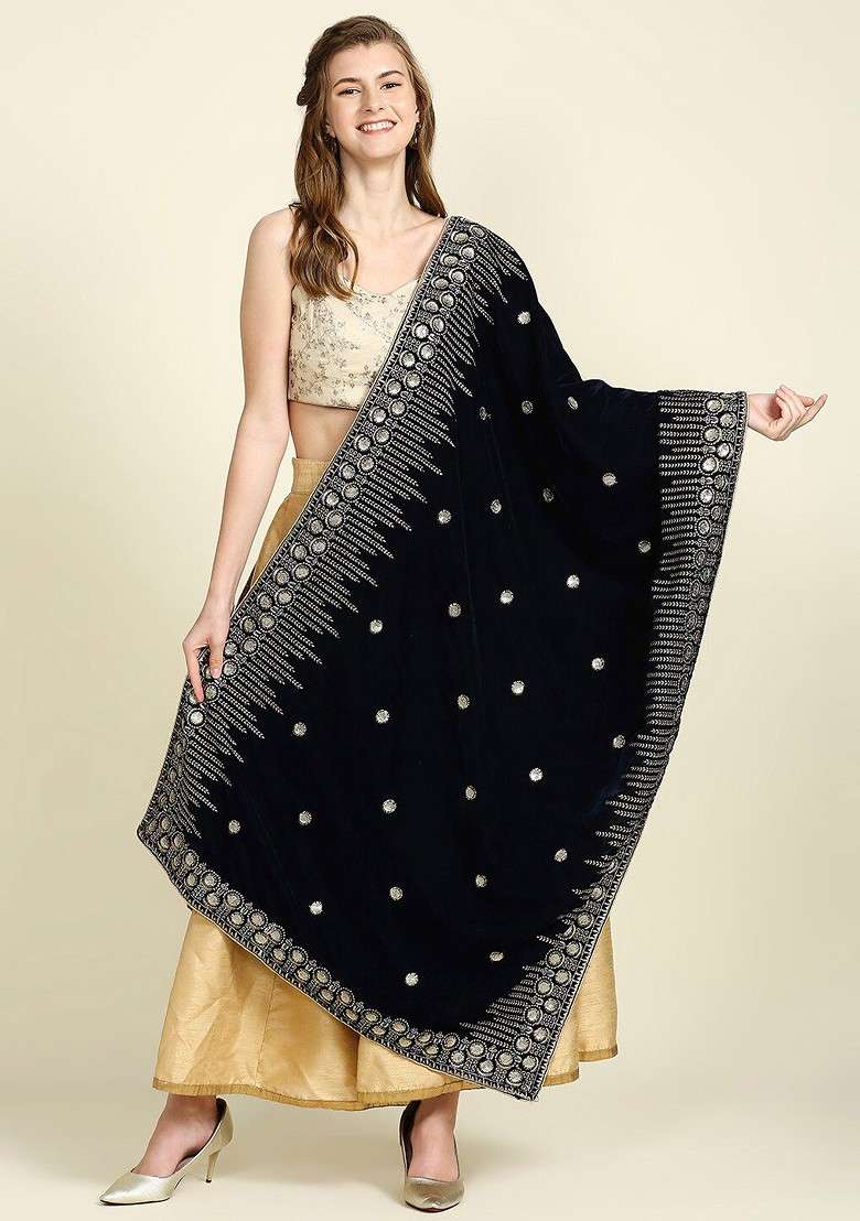Women Ethnic Motifs Embroidered Velvet Dupatta With Zardozi - Indya