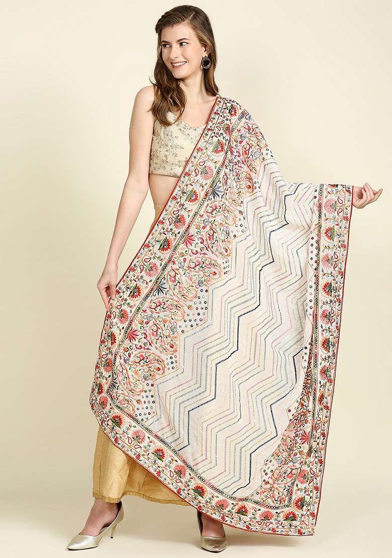 Women Ethnic Motifs Embroidered Dupatta With Mirror Work - Indya