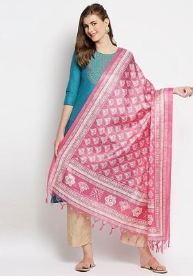 Women Pink And Cream Coloured Ethnic Motifs Printed Art Silk Dupatta