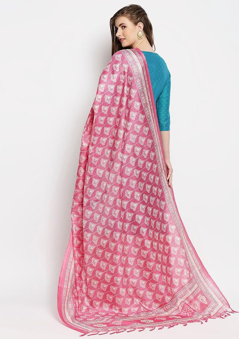 Women Pink And Cream Coloured Ethnic Motifs Printed Art Silk Dupatta