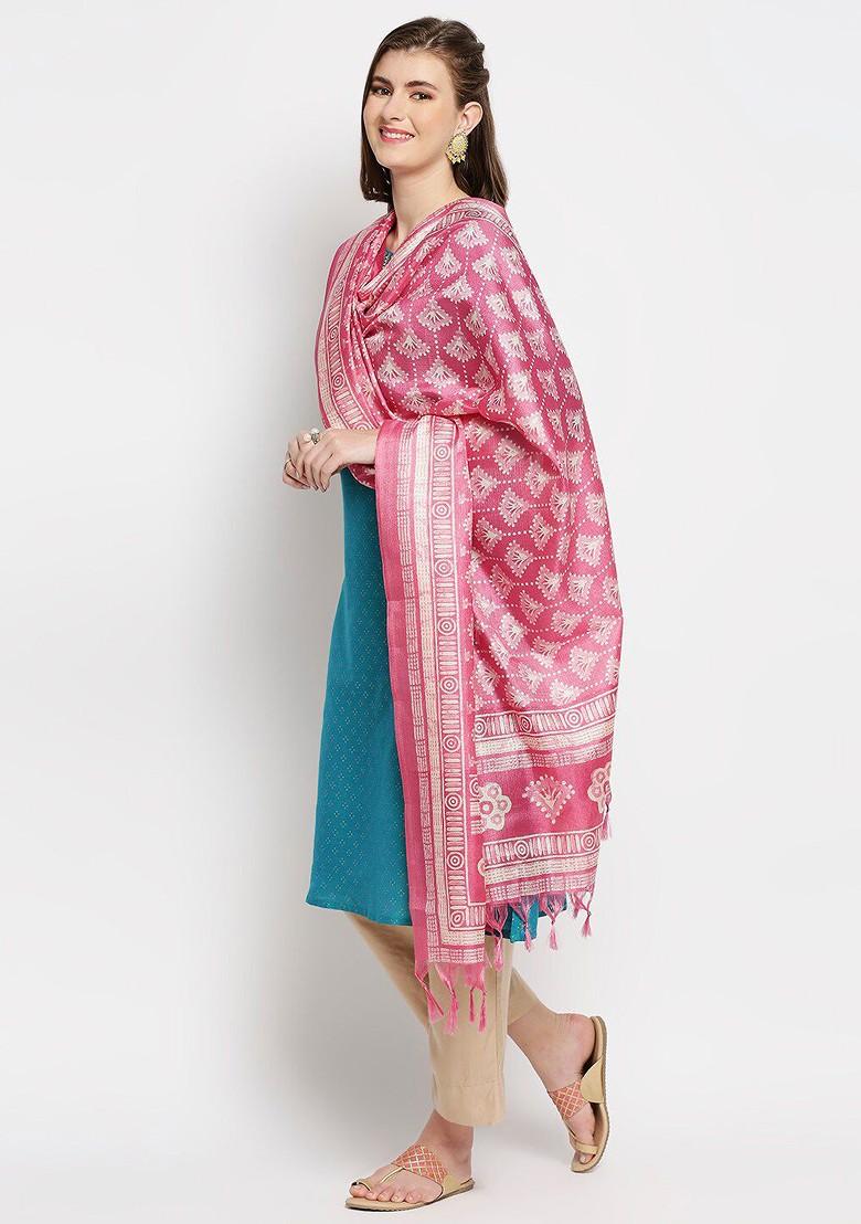 Women Pink And Cream Coloured Ethnic Motifs Printed Art Silk Dupatta