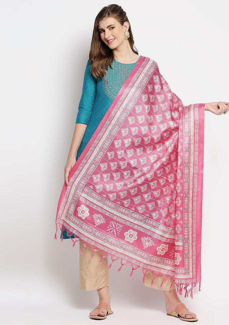 Women Pink And Cream Coloured Ethnic Motifs Printed Art Silk Dupatta
