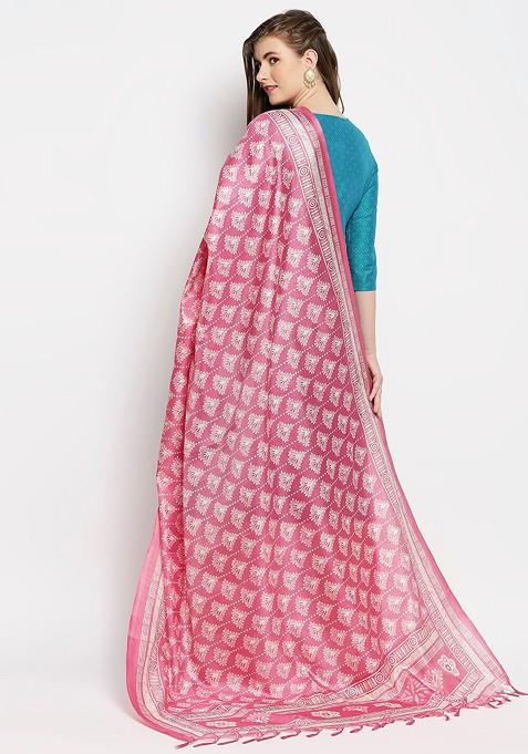 Women Pink And Cream Coloured Ethnic Motifs Printed Art Silk Dupatta