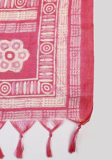 Women Pink And Cream Coloured Ethnic Motifs Printed Art Silk Dupatta