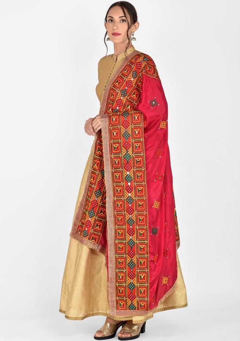 Pink And Yellow Embroidered Dupatta With Phulkari