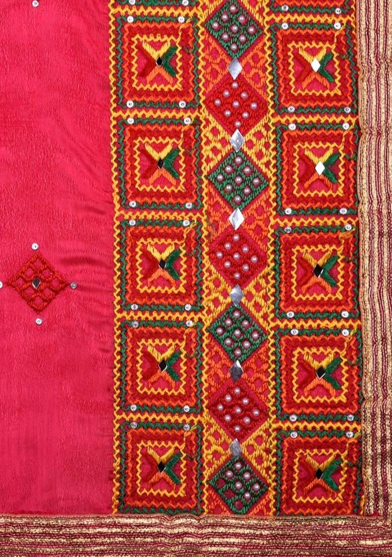 Pink And Yellow Embroidered Dupatta With Phulkari