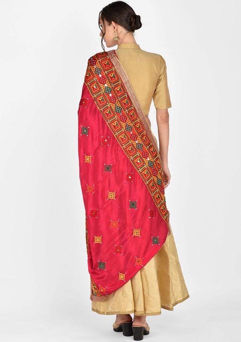 Pink And Yellow Embroidered Dupatta With Phulkari