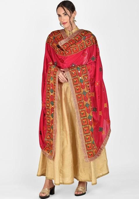 Pink And Yellow Embroidered Dupatta With Phulkari